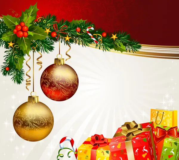Sfondo natalizio con un ramo di sempreverde e regali — Vettoriale Stock