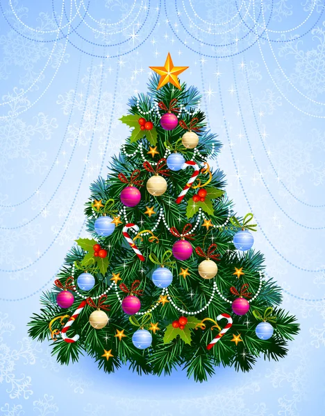 Árvore de Natal com bolas, estrelas, doces — Vetor de Stock