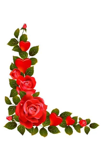 红玫瑰和树叶形成隅 — 图库矢量图片