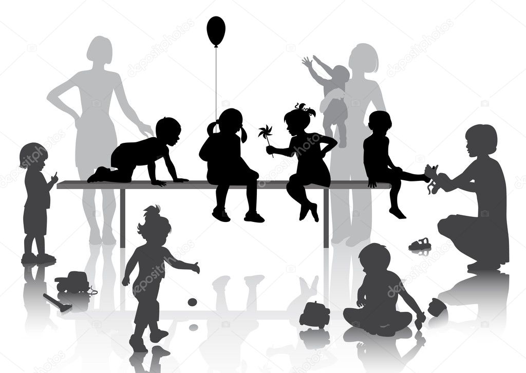 8 children playing with some toys