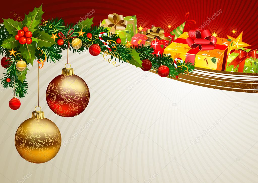 Christmas background with a branch of evergreen and gifts