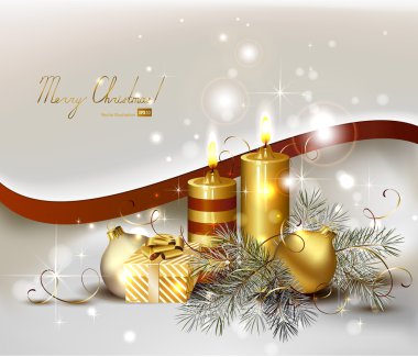 Christmas background with burning candles and Christmas bauble clipart