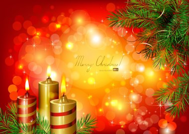 Red Christmas background with burning candles and fir-tree clipart