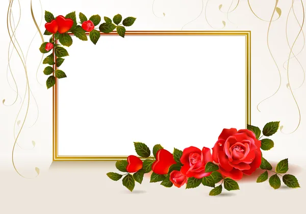 心と赤いバラでベージュ色の背景 — ストックベクタ