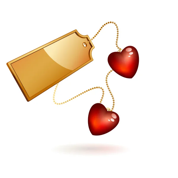 Dos corazones rojos con etiqueta dorada — Vector de stock