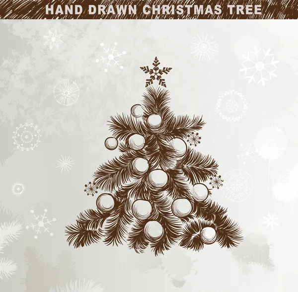 Handgezeichneter Weihnachtsbaum mit Kugeln, Sternen — Stockvektor