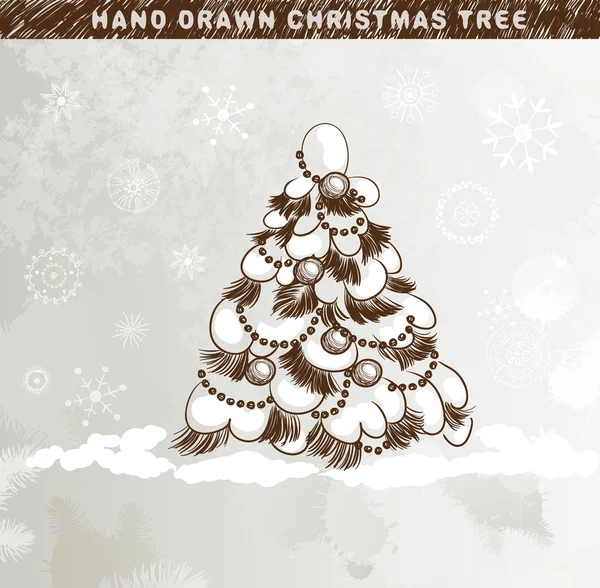 Handgezeichneter Weihnachtsbaum mit Kugeln unter der Schneewehe — Stockvektor