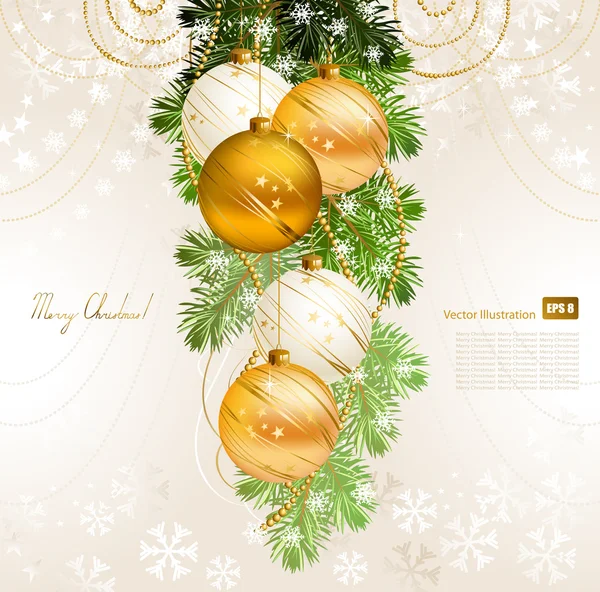 Ljus jul bakgrund med guld och vit kväll bollar — Stock vektor