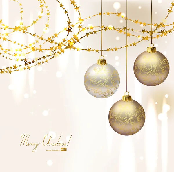 Элегантный рождественский фон с тремя вечерними шарами и золотыми гирляндами — стоковый вектор