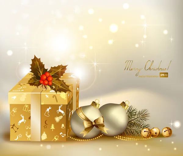 Світлий різдвяний фон з вечірніми кульками, Холлі та подарунком — стоковий вектор