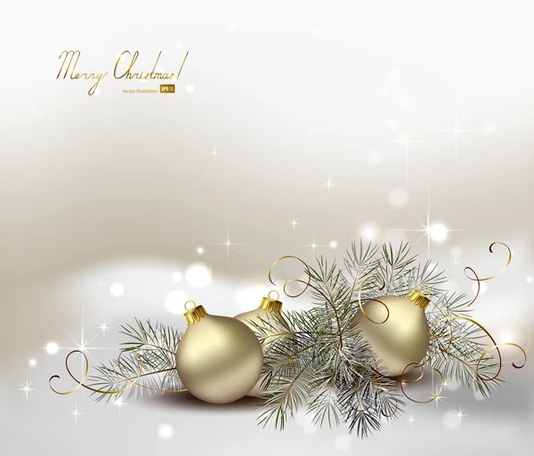 光の銀夜ボールとモミの木の静物とクリスマスの背景 — ストックベクタ