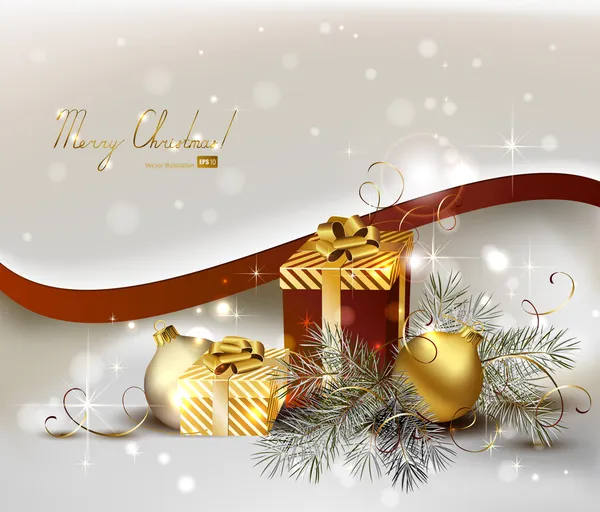 Fond de Noël clair avec des boules de soirée en or et des cadeaux — Image vectorielle