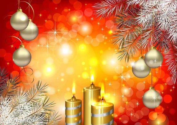 Fondo rojo de Navidad con velas encendidas y adornos navideños — Vector de stock