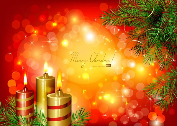 Roter weihnachtlicher Hintergrund mit brennenden Kerzen und Tannenbaum — Stockvektor