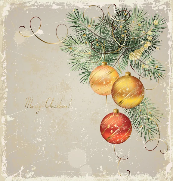 Вінтажна різдвяна листівка з трьома вечірніми кульками — стоковий вектор