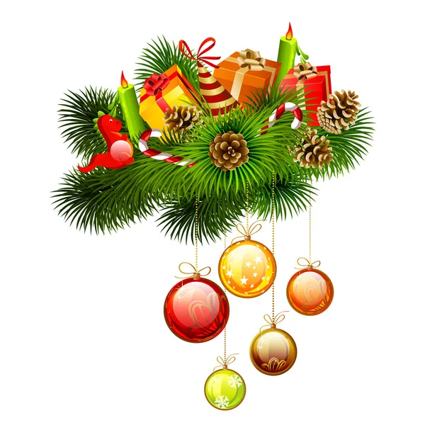 Kerstmis takken van Spar-boom met cadeau en kaarsen, snoepjes op het — Stockvector