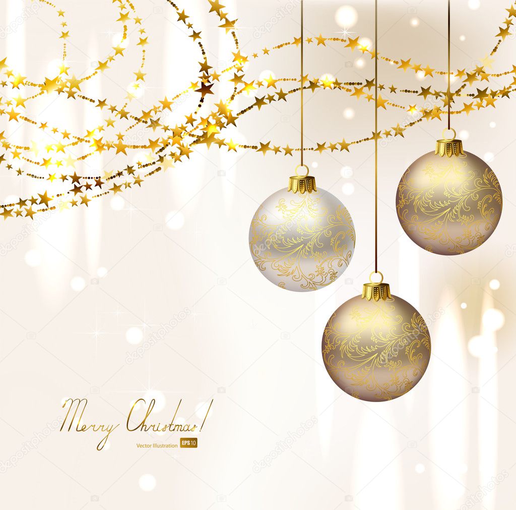Elegant Christmas background with three evening balls and gold garlands