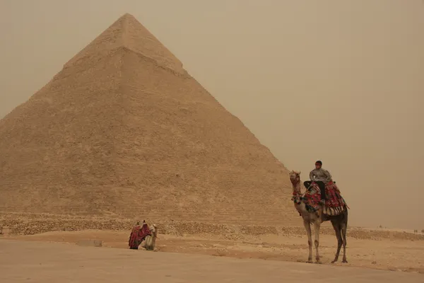 Pirámide de Khafre y camellos en tormenta de arena, El Cairo, Egipto —  Fotos de Stock