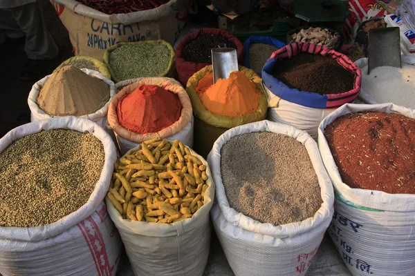 Exhibición de especias y granos coloridos, India — Foto de Stock