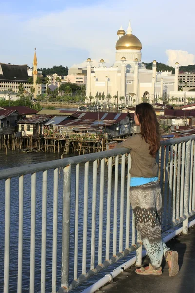Молодой турист любовался видом на Кампонг-Айер и мечеть Султана Омара Али Сайфуддинга, Бандар Сери Бегаван, Бруней, Юго-Восточная Азия — стоковое фото