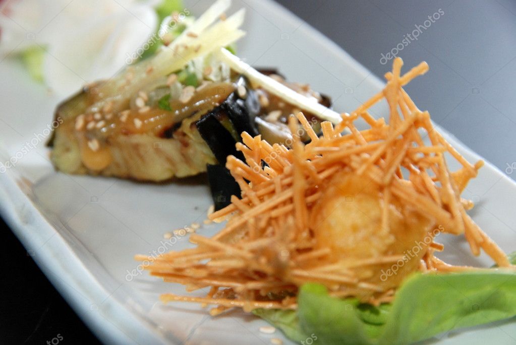 Japanese Appetizer Trio chestnut, eggplant, diakon — Stock Photo