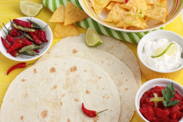 Mexican tortillas with nachos and salsa — Stock Photo, Image