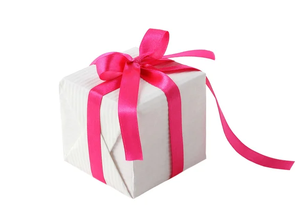 Gift box with pink ribbon isolated on white background — Stock Photo, Image
