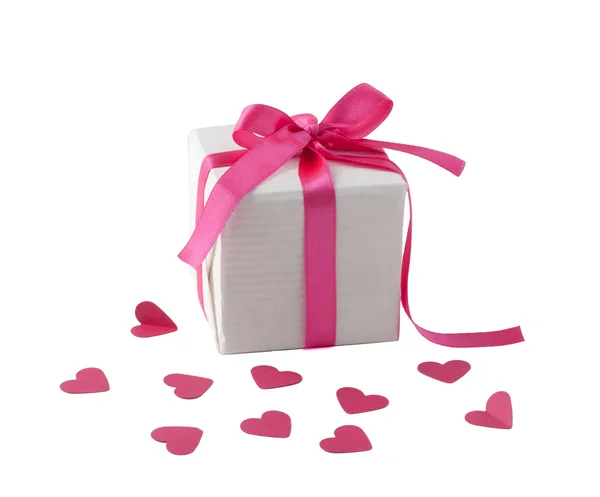 Κουτί δώρου με ροζ κορδέλα που απομονώνεται σε λευκό φόντο — Φωτογραφία Αρχείου