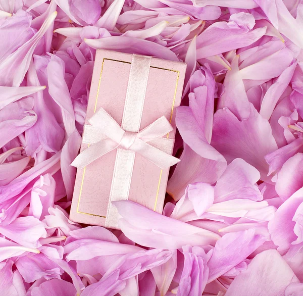 Caja de regalo en los pétalos de flores —  Fotos de Stock