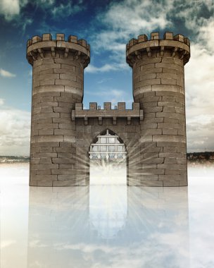 Medieval gate with open lattice and guard towers on town landscape clipart