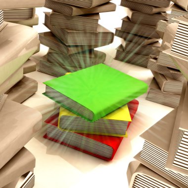 Red yellow green books between several columns of another books clipart