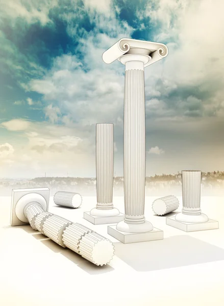 Fou geruïneerd kolommen in Griekse Ionische stijl op cityscape backgroung — Stockfoto