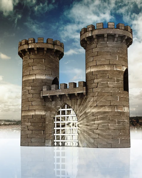 Puerta medieval con celosía cerrada y torres de guardia en el paisaje de la ciudad — Foto de Stock