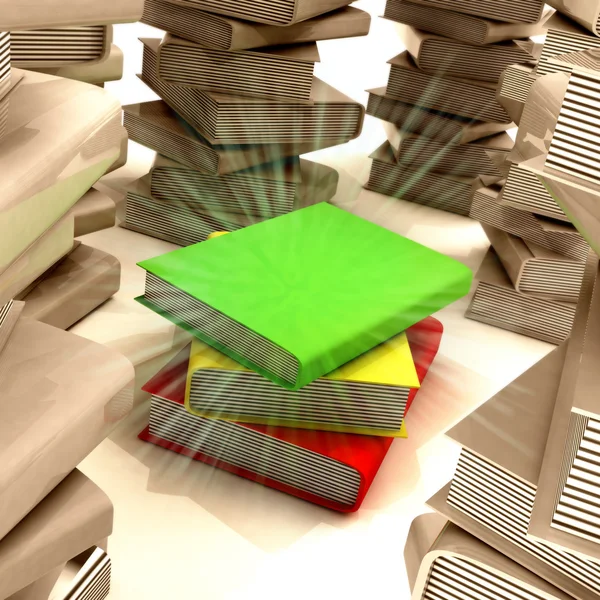 Red yellow green books between several columns of another books — Stock Photo, Image