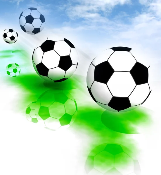 字段与蓝蓝的天空上的四个足球球。 — 图库照片