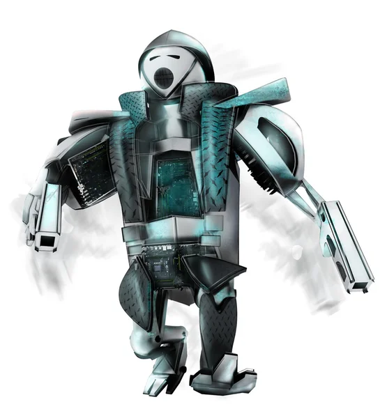 Robot with gun blue silver running — Stock Photo, Image