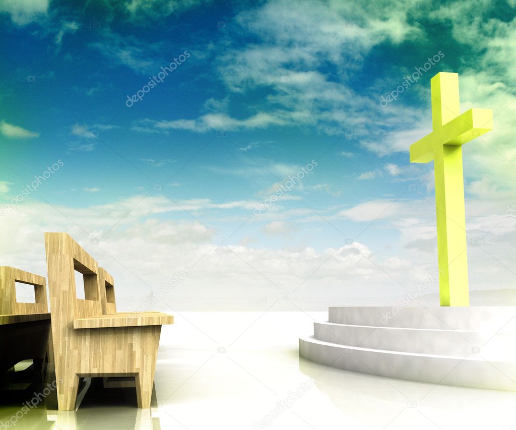 Church space with golden cross and wooden bench with blue sky