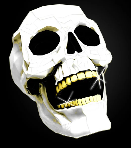 Bílá lebka se zlatými zuby na černém pozadí — Stock fotografie