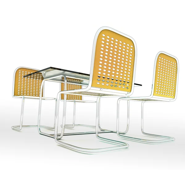 Glas tabel Bureau met vier metalllic lichtend buis stoelen — Stockfoto