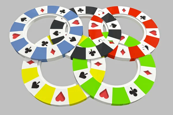 Πέντε πολύχρωμα είδη πόκερ μάρκες ολυµπιακοί κύκλοι απομονωθεί σε φόντο τραπέζι πόκερ — Φωτογραφία Αρχείου