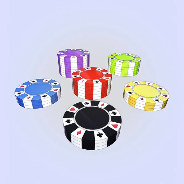 Five colorful types of poker chips columns isolated on light blue background — Stock Photo, Image