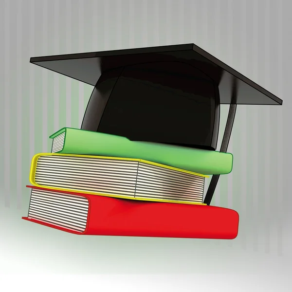 Three books in column with tdaditional black graduation cap — Stock Photo, Image
