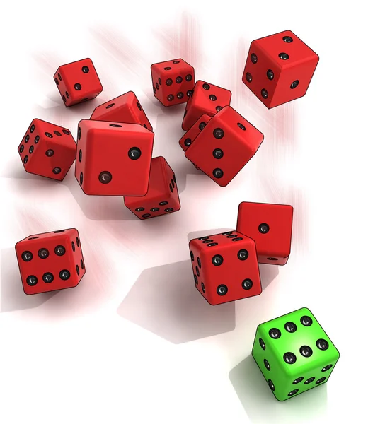 Grupp av rullande röda tärningar med en vinnande grön — Stockfoto