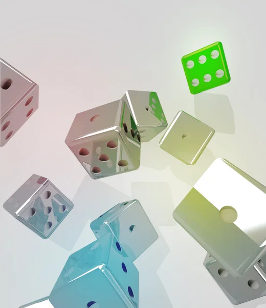 Group of rolling metallic dices with winner green one — Stock Photo, Image
