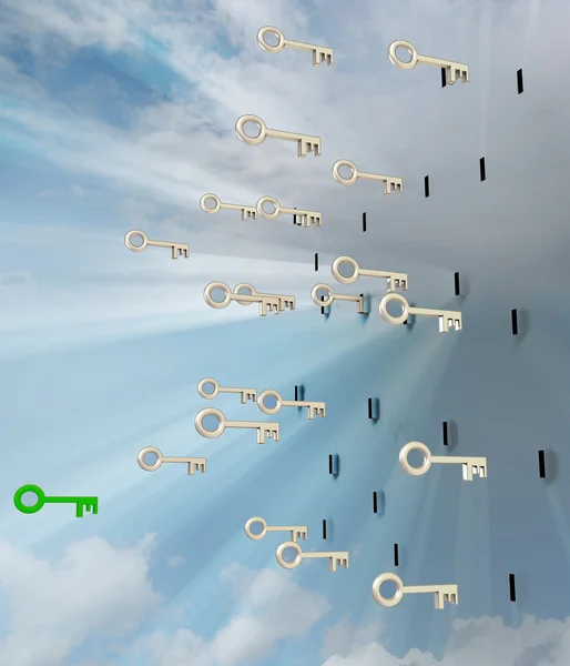 Voando chaves metálicas com verde um no céu — Fotografia de Stock