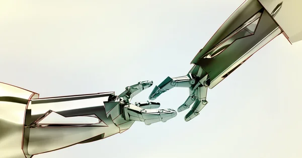 Two shaking robotic metallic hands teamwork — Stock Photo, Image