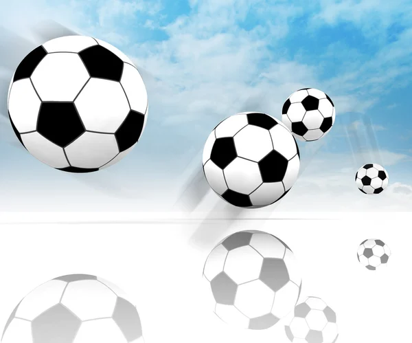 Quatro bolas de futebol no campo espaçoso claro com céu azul — Fotografia de Stock