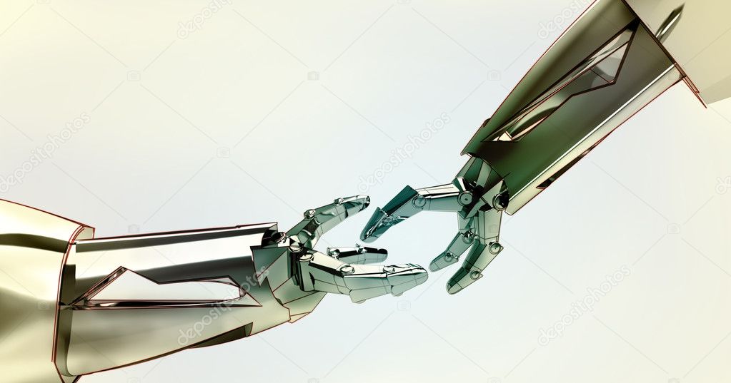 Two shaking robotic metallic hands teamwork