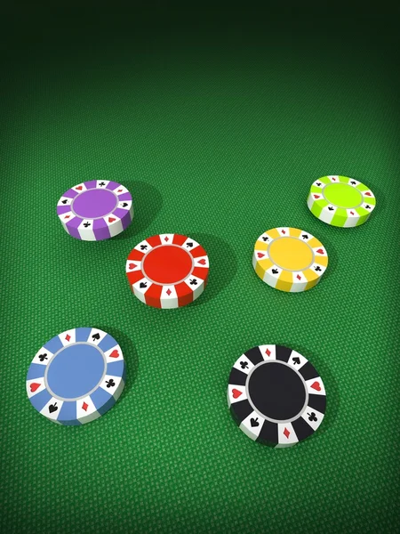 Seis columnas separadas de fichas de póquer de colores en la mesa — Foto de Stock