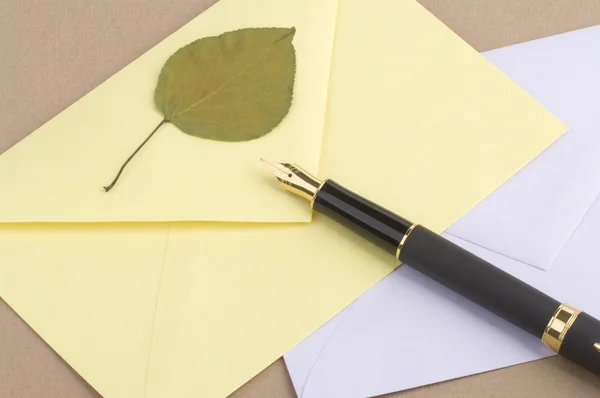 Gold pen with letter and leave — Stock Photo, Image